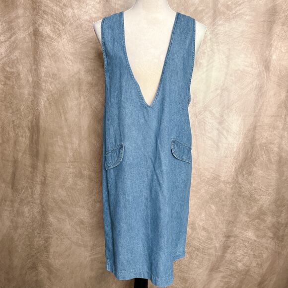 Vintage 90s Jennifer Morgan Denim Dress Sleeveless Deep V Neck Midi Shift School - Picture 3 of 8